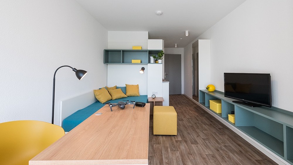 PLUG & STUDY - Köln, Appartement BASIC, 22 m², bodentiefe Fenster, Wohn-, Schlaf-, Arbeitsraum, Küchenzeile, Duschbad, ab 640 €