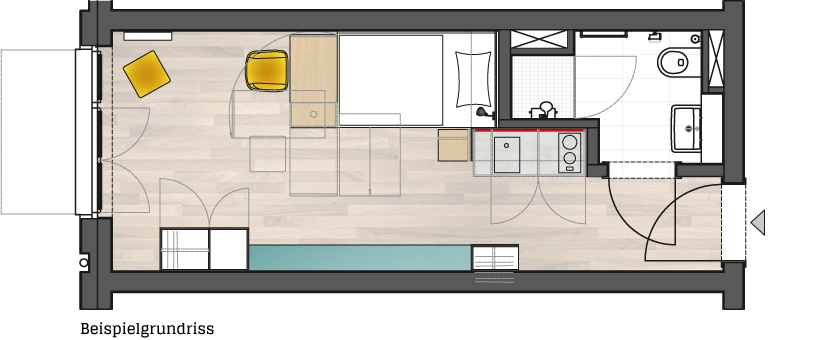 PLUG & STUDY - Köln, Appartement BASIC +, 22 m², Balkon od.Dachterrasse, Wohn-, Schlaf-, Arbeitsraum, Küchenzeile, Duschbad, ruhig, ab 670 €