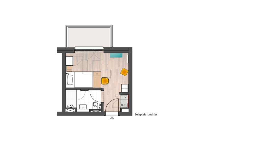 PLUG & STUDY - Köln, Appartement BASIC S, 22 m², Balkon/Terrasse, Wohn-, Schlaf-, Arbeitsraum, Küchenzeile, Duschbad, ruhig, ab 690 €